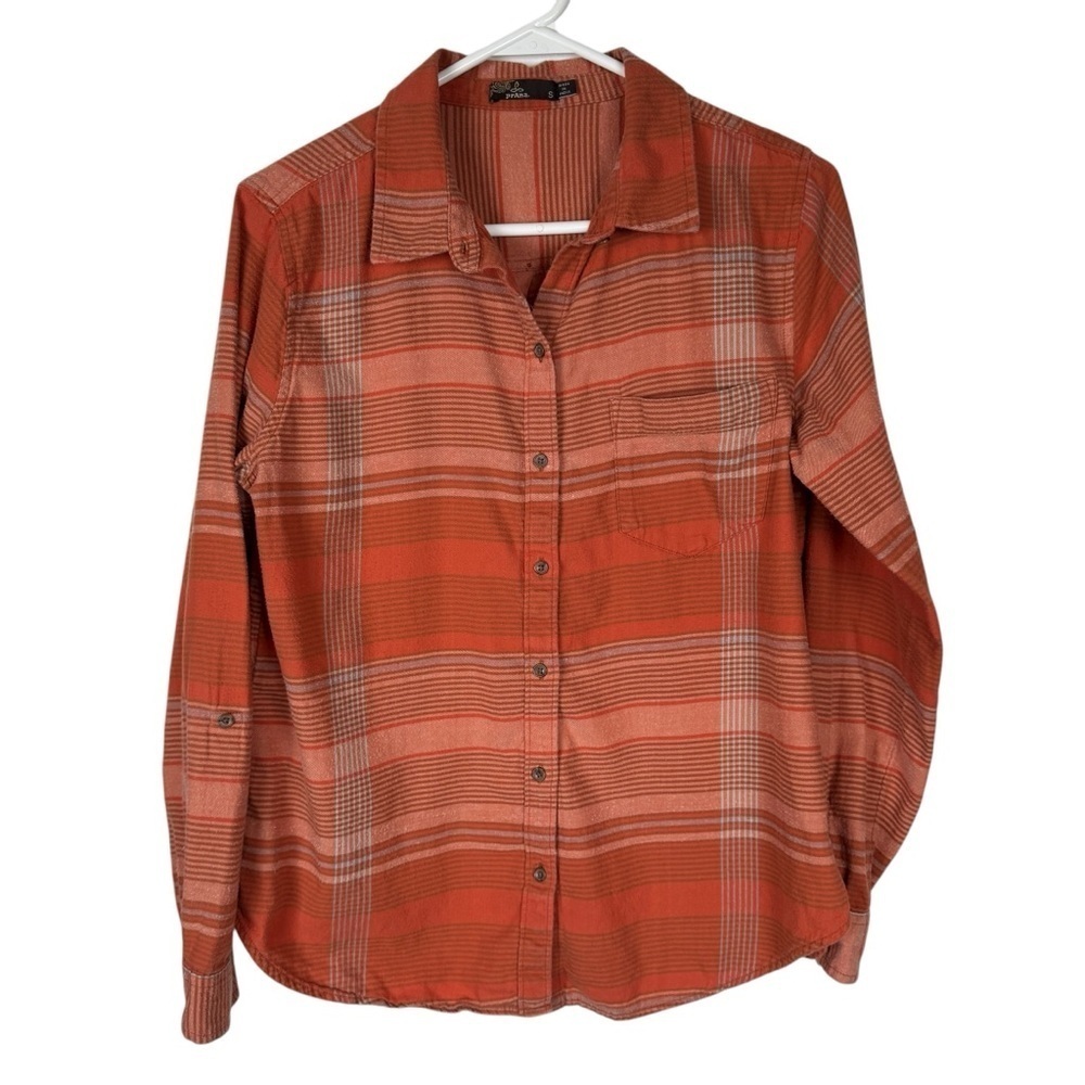 PrAna Orange Plaid Flannel Button-Up, Size S